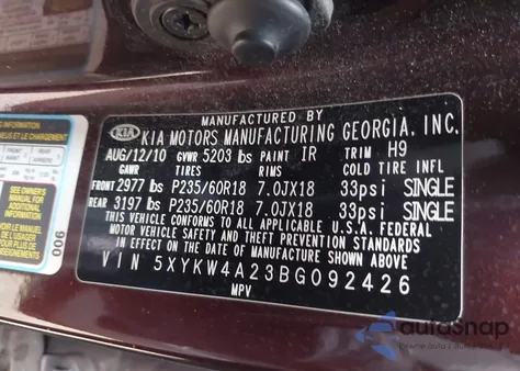 2011 Kia Sorento Sx V6 z USA, uszkodzony, nr VIN 5XYKW4A23BG092426